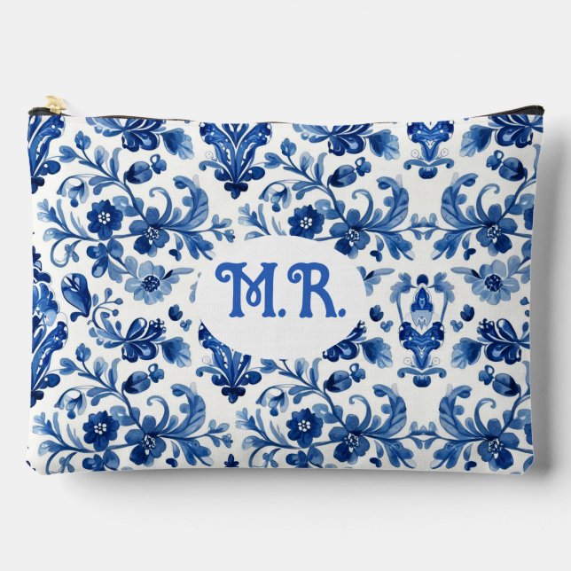 Mediterranean Blue  Floral Tile Monogram Accessory Pouch (Front)
