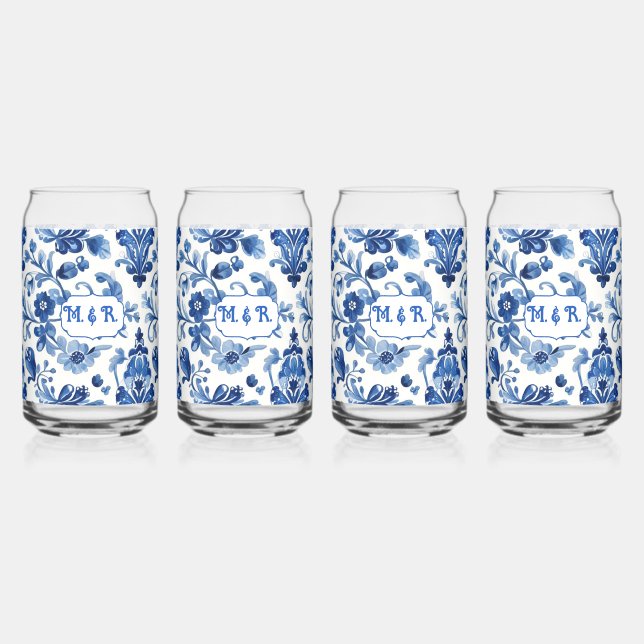 Mediterranean Blue Floral Tile Monogram Can Glass (Front)