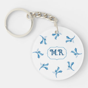 Mediterranean Blue Floral Tile Monogram Key Ring
