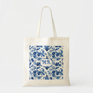 Mediterranean Blue Floral Tile Monogram Tote Bag