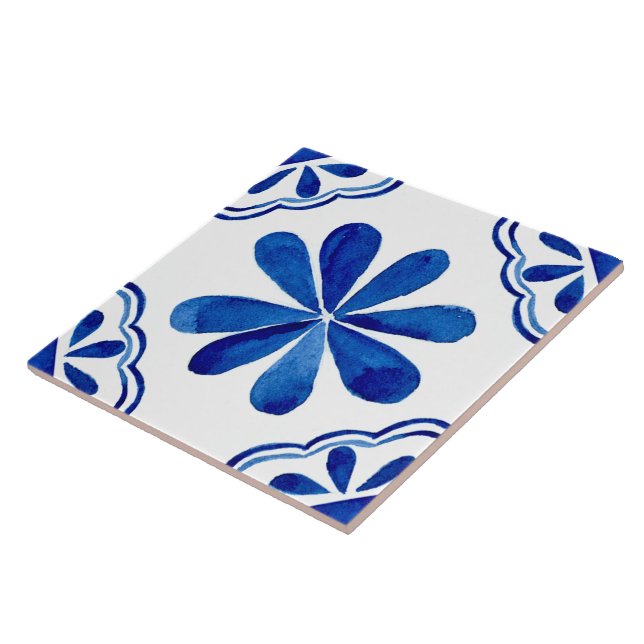 Mediterranean Blue Floral Tile Watercolor Painted  (Side)