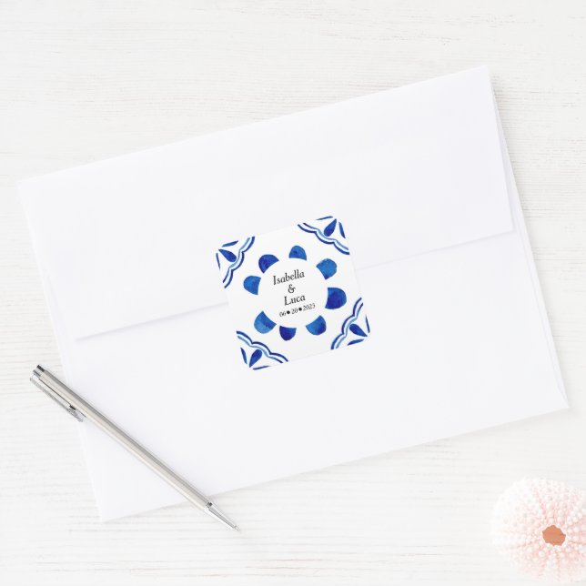 Mediterranean Blue Floral Tile Watercolor Painted  Square Sticker (Envelope)