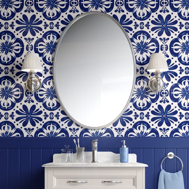 Mediterranean Blue Flourish Indigo & White Trad  Wallpaper (Mediterranean Blue Flourish - Indigo and White - Traditional Peel and Stick Wallpaper)