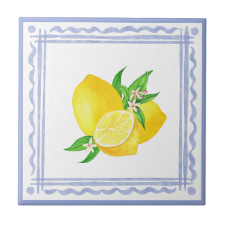 Mediterranean blue frame and lemons watercolor  tile