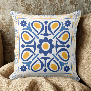 Mediterranean Blue & Gold Floral Tile classic  Cushion