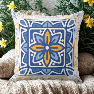 Mediterranean Blue & Gold Floral Tile retro  Cushion