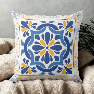  Mediterranean Blue & Gold Floral Tile vintage  Cushion