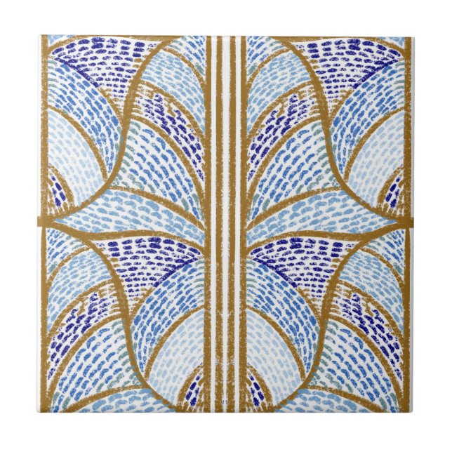 Mediterranean Blue. & Gold Mosaic Pattern  Tile (Front)