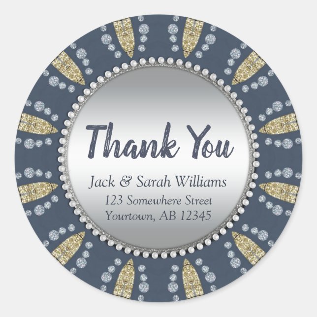 Mediterranean Blue + Gold Silver Thank You Round Classic Round Sticker (Front)