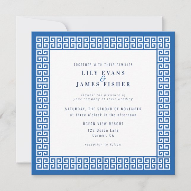 Mediterranean Blue Greek Key Wedding Invitation (Front)