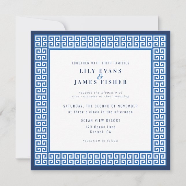 Mediterranean Blue Greek Key Wedding Invitation (Front)