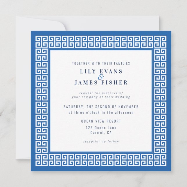 Mediterranean Blue Greek Key Wedding Invitation (Front)