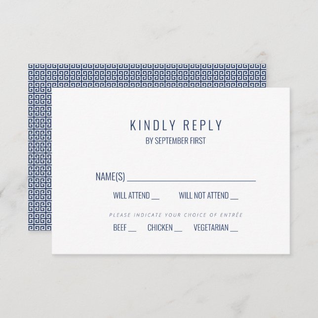Mediterranean Blue Greek Key Wedding Response RSVP Invitation (Front/Back)