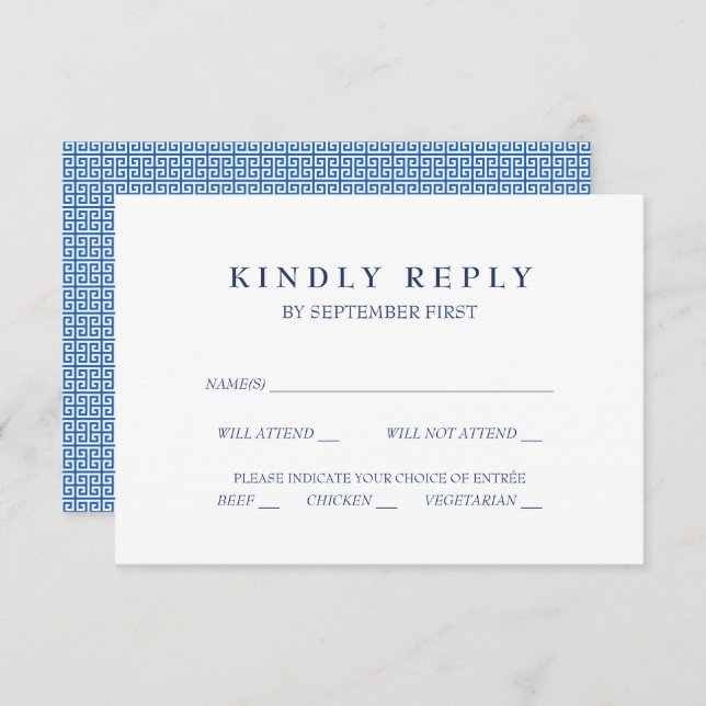Mediterranean Blue Greek Key Wedding RSVP Italic Invitation (Front/Back)