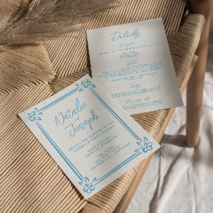 Mediterranean Blue Hand Drawn All In One Wedding Invitation