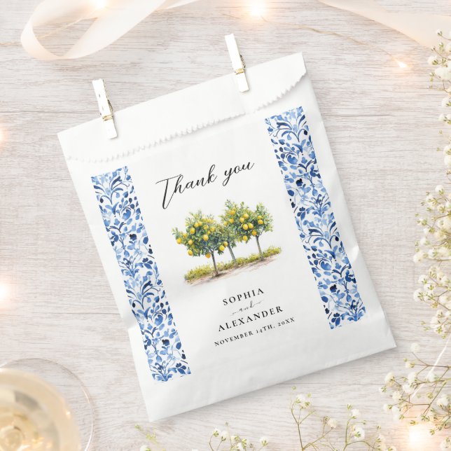 Mediterranean Blue Italian Tiles Lemon Wedding  Favour Bags (Clipped)