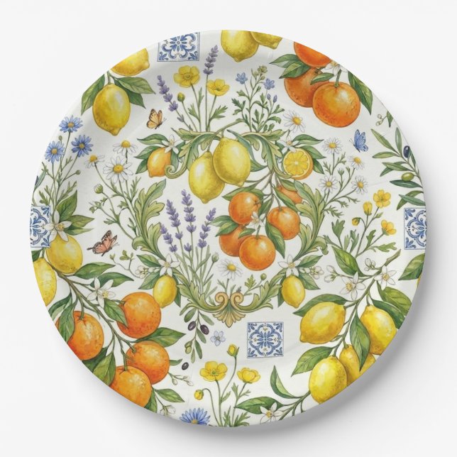 Mediterranean Blue & Lemon Botanical Paper Plate (Front)