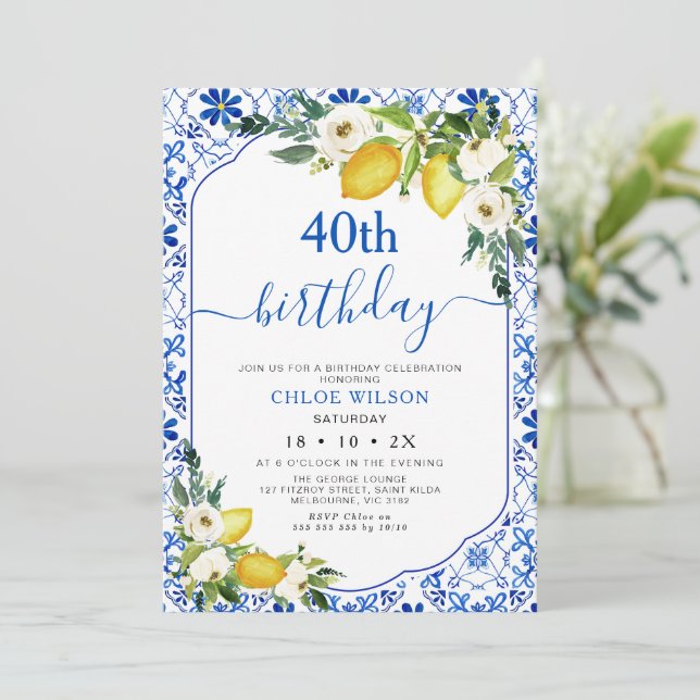 Mediterranean Blue Lemon Positano Birthday  Invitation (Standing Front)