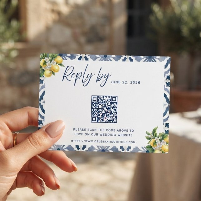 Mediterranean Blue Lemon QR Code Wedding RSVP Card (Creator Uploaded)