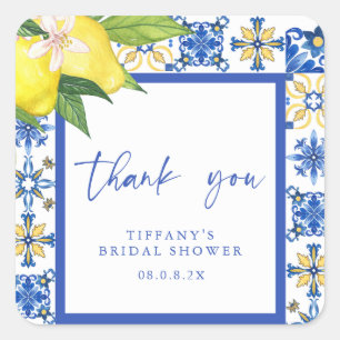 Mediterranean Blue Lemons Bridal Shower Thank You Square Sticker