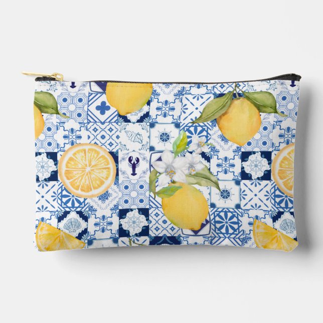 Mediterranean Blue Majolica and Lemon  Accessory Pouch (Front)