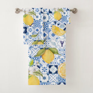 Mediterranean Blue Majolica and Lemon Bath Towel Set