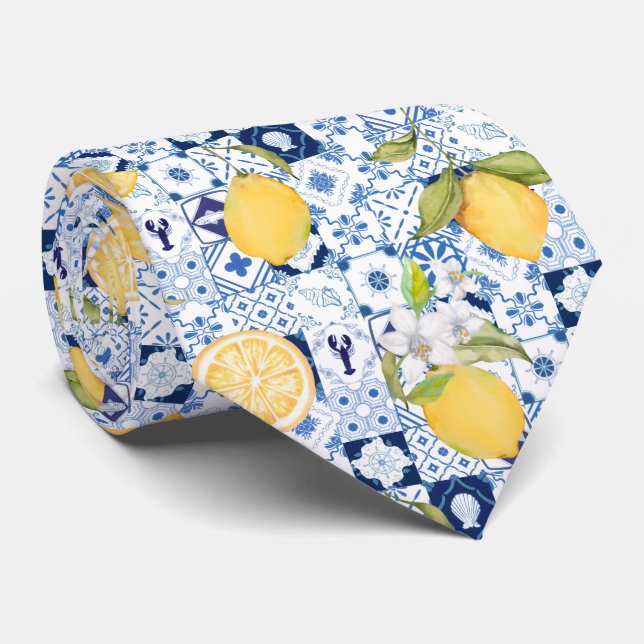 Mediterranean Blue Majolica and Lemon  Tie (Rolled)