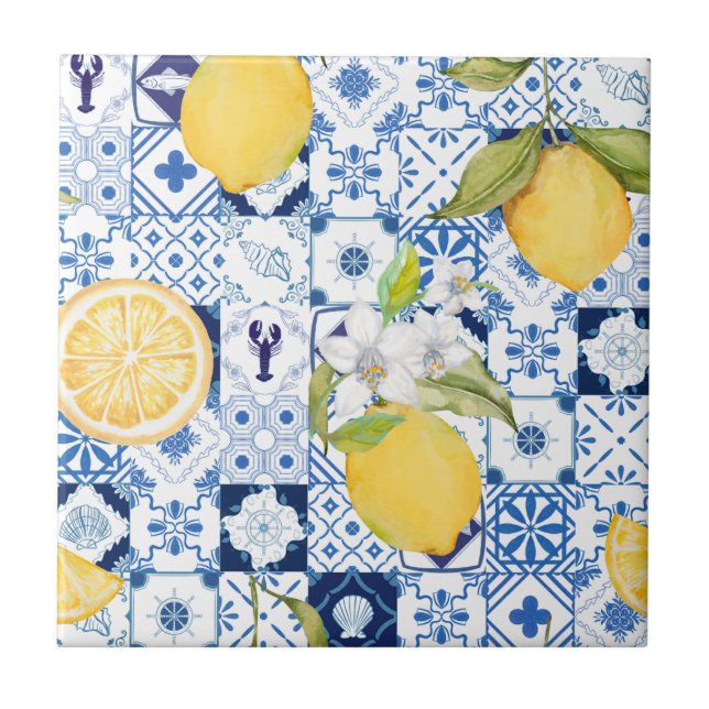 Mediterranean Blue Majolica and Lemon  Tile (Front)