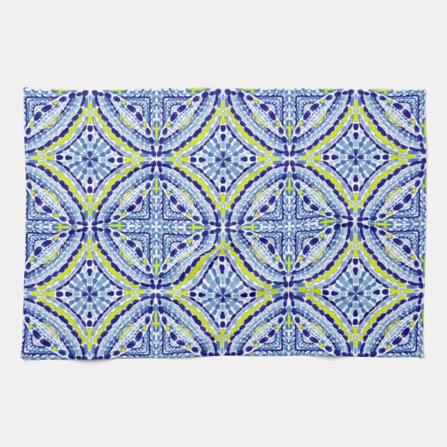 Mediterranean Blue Neon Mosaic-Hand-Painted Tea Towel (Horizontal)
