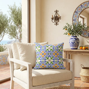 Mediterranean Blue Orange Green Spanish Pattern Cushion