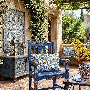Mediterranean Blue Orange Green Spanish Tile Decorative Cushion