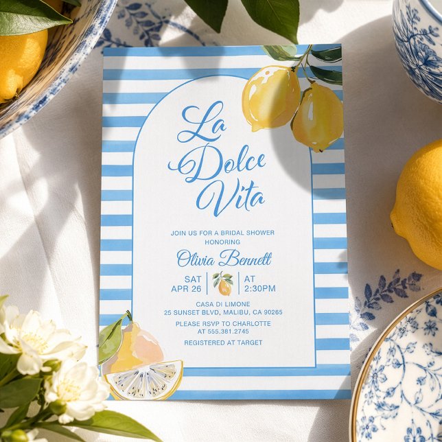 Mediterranean Blue Stripe Lemon Bridal Shower Invitation (Creator Uploaded)