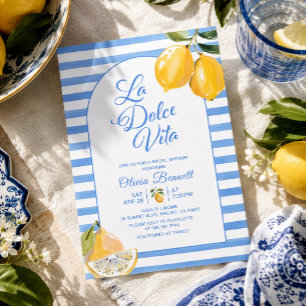 Mediterranean Blue Stripe Lemon Bridal Shower Invitation