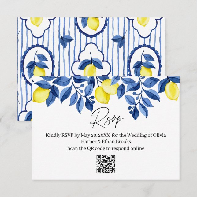 Mediterranean Blue Stripe Lemon Wedding RSVP Card (Front/Back)