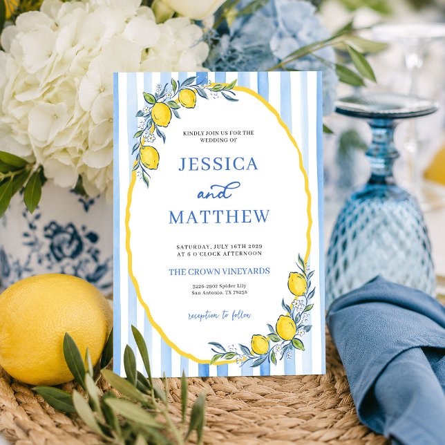 Mediterranean Blue Striped Lemon Wedding  Invitation (Creator Uploaded)