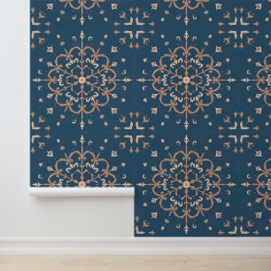 Mediterranean Blue & Tan Medallion Pattern Wallpaper