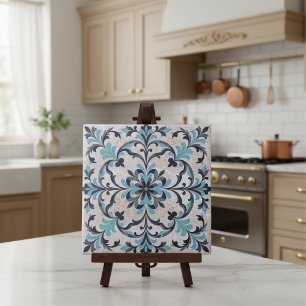Mediterranean Blue Teal Antique Damask Flourish Tile
