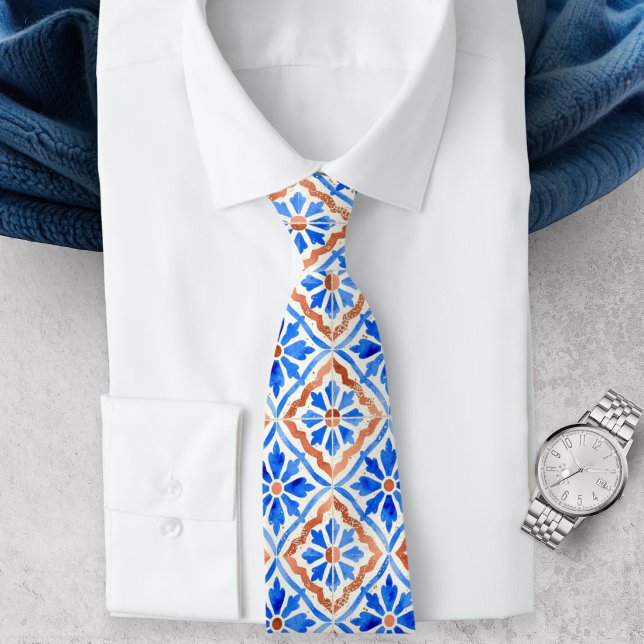 Mediterranean Blue Terracotta Geometric Tile Tie (An elegant necktie with blue, terracotta and white tile pattern in a Mediterranean style)