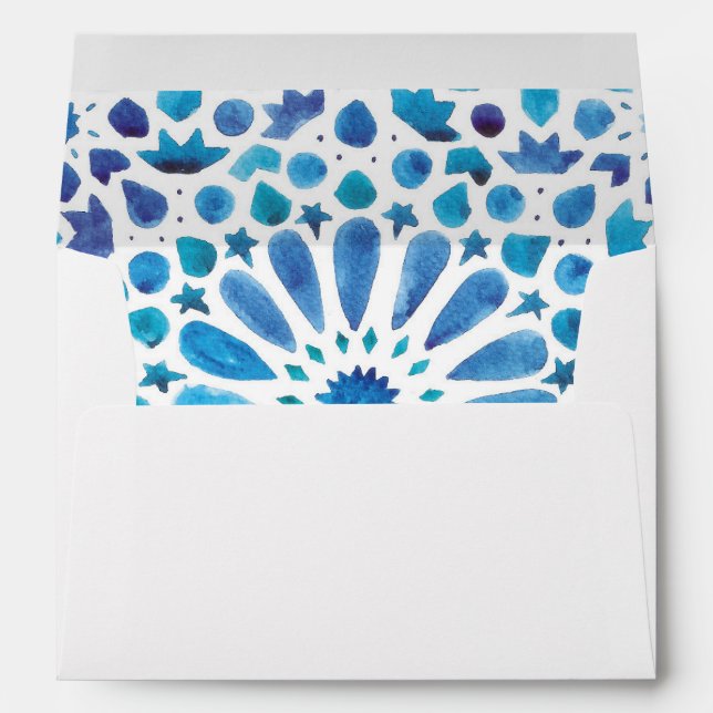 Mediterranean Blue Tile Address Wedding Invitation Envelope (Back (Bottom))