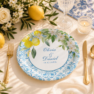 Mediterranean Blue Tile and Lemon Wedding Paper Plate