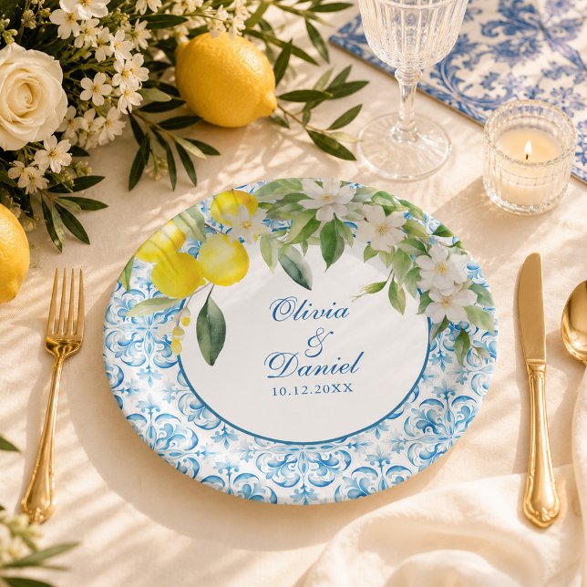 Mediterranean Blue Tile and Lemon Wedding Paper Plate (Mediterranean Blue Tile and Lemon Wedding Paper Plates on a mediterranean wedding table.)