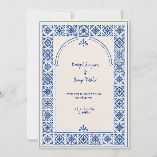 Mediterranean Blue Tile Arch Watercolor Wedding Invitation (Front)