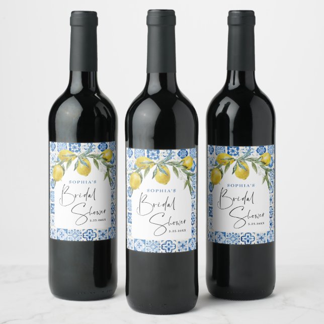 Mediterranean Blue Tile Bridal Shower Wine Labels (Bottles)