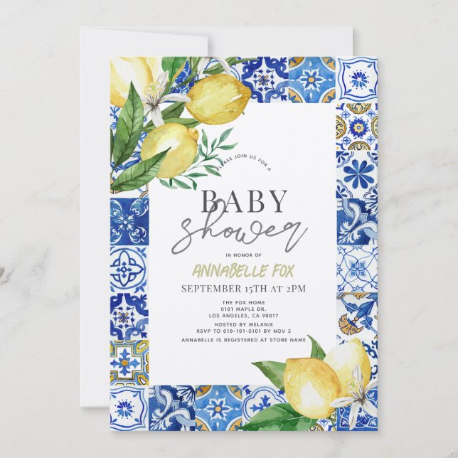 Mediterranean Blue Tile Citrus Lemon Baby Shower Invitation (Front)