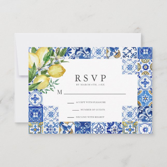 Mediterranean Blue Tile Citrus Lemon Wedding RSVP (Front)
