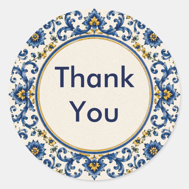 Mediterranean Blue Tile | Italian Ceramic Floral  Classic Round Sticker (Front)