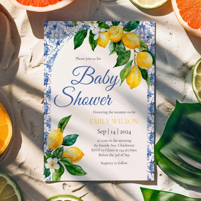 Mediterranean Blue Tile Lemon Baby Shower Invitation (Creator Uploaded)