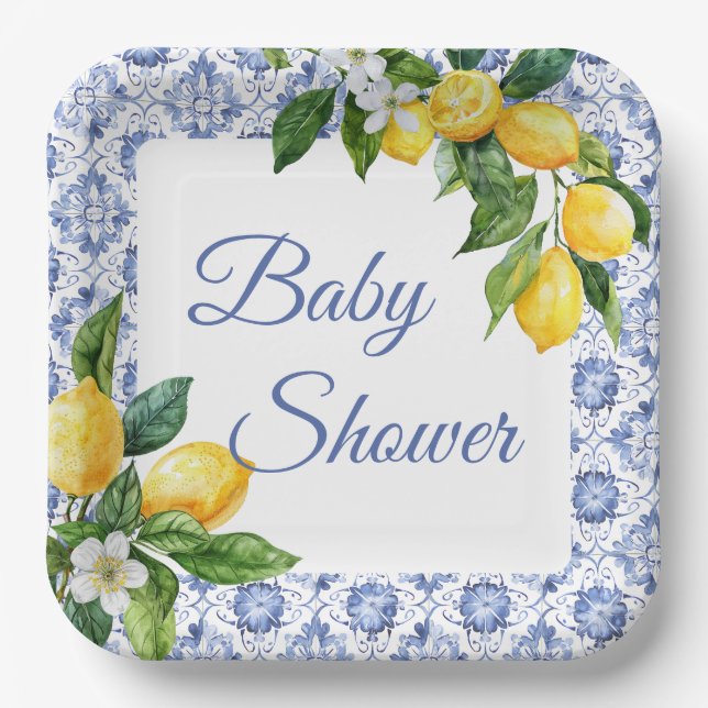 Mediterranean Blue Tile Lemon Baby Shower  Paper Plate (Front)
