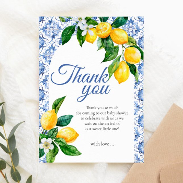Mediterranean Blue Tile Lemon Baby Shower Thank You Card (Creator Uploaded)