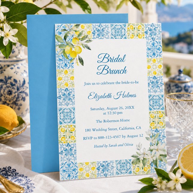 Mediterranean Blue Tile Lemon Bridal Brunch  Invitation (Mediterranean Blue Tile Lemon Bridal Brunch Invitation)